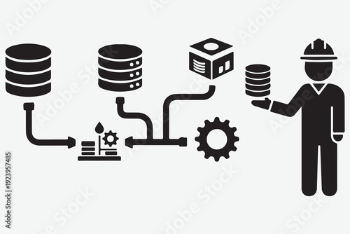 Black icons of data storage pipes gears and a person in hard hat on white background database server