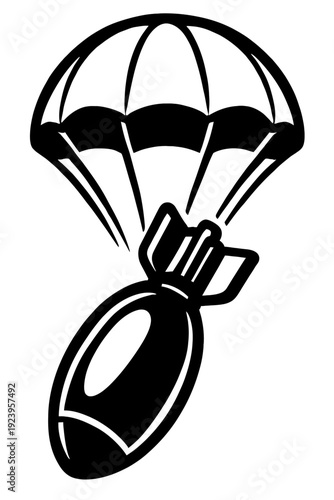 Aerial Bomb with Parachute Illustration - Tactical Missile Drop and Military Action Concept - Professional Minimalist Black and White Vector - High-Contrast War Graphic