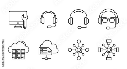 Set of eight black outline icons representing IT support, cloud computing, networking, and communication technology on an isolated white background.