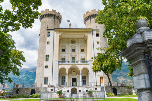 Obraz na plátně The facade of the castle of the village named Aymavilles, Aosta Valley, Italy, with towers at both sides