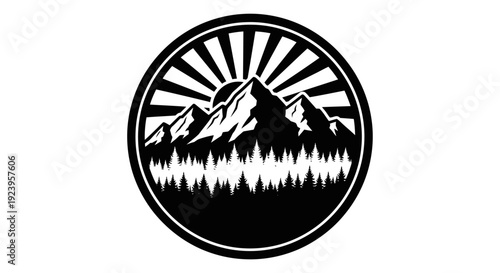 Circular mountain and forest logo with sun rays, outdoor adventure emblem, black and white, isolated white background