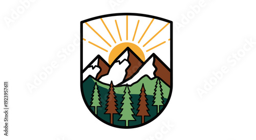 Colorful mountain and forest shield emblem logo with sun rays, outdoor adventure design, isolated white background