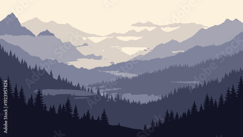 Mountains Landscape with Trees Silhouette.