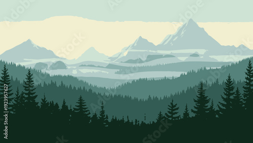 Mountains and trees in landscape scene.