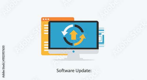 Computer monitor displaying a software update process with refresh arrows icon, isolated white background