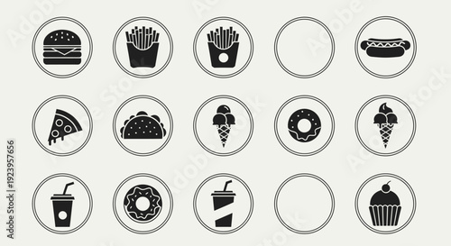 Set of outline fast food icons in circular frames on a light gray background