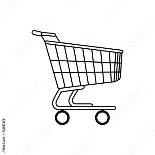 Minimalist outline illustration of an empty shopping cart, representing commerce, retail, and online buying.