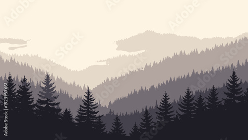 Silhouette of pine trees forest landscape.