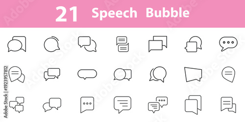 Set of 21 outline icons related to speech bubble. Speak bubble text set, message box , chat bubble line art icon for apps and websites Vector illustration. 