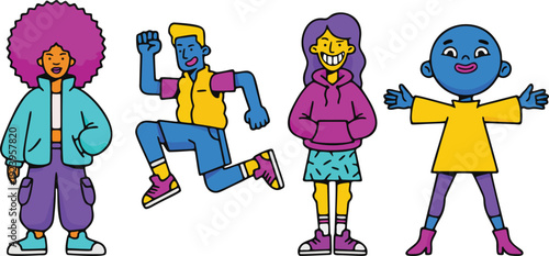 Colorful Urban Kids Streetwear Character Set Flat Illustration