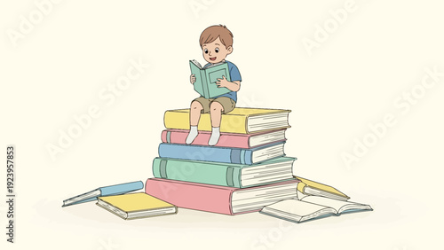 Child Reading on Stack of Books.