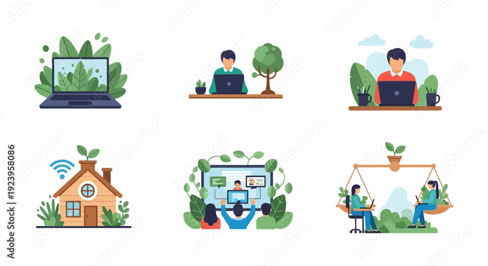 Fototapeta premium Green Technology & Sustainable Remote Work Concepts: Eco-Friendly Home Office, Online Learning, Digital Balance, and Work-Life Harmony Illustrations