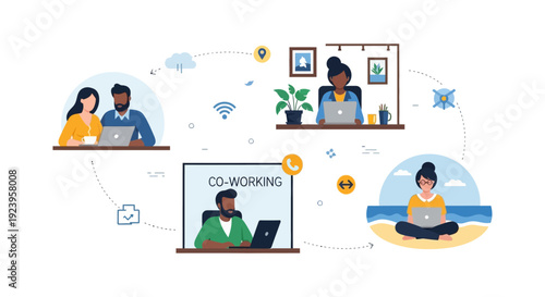 Flexible Remote Work & Distributed Team Collaboration. Diverse Professionals Working from Home, Office, Co-working Space, and Beach, Connected by Digital Technology.