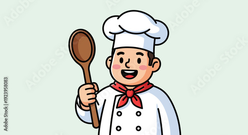 Smiling Chef Holding Wooden Spoon.