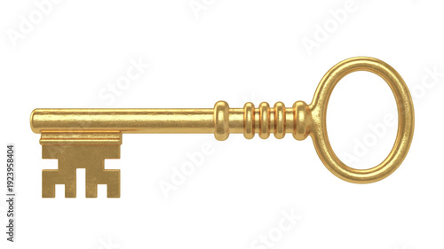 Detailed antique gold skeleton key with ribbed shaft and circular bow on white metal