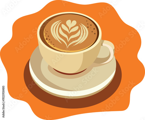 Latte in Cream Cup – Cozy Cafe Flat Vector Illustration, Latte Art