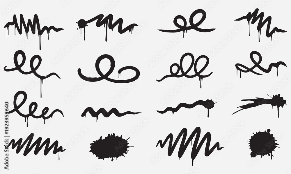Obraz premium Collection of black graffiti spray paint drip elements and ink splatters on white background vector