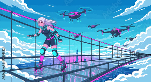 Young woman rollerblading with futuristic drones in a vibrant cityscape.
