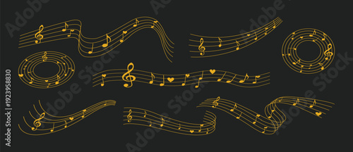 Golden Musical Notes Wave Lines on Black Background – Elegant Music Staff Vector Illustration.