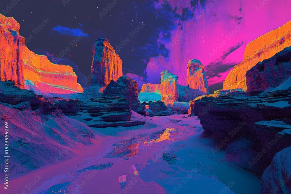 Fototapeta premium Vibrant neon desert landscape with colorful rock formations