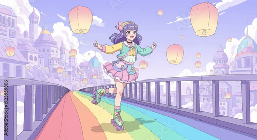 Anime girl with purple hair and colorful clothes.