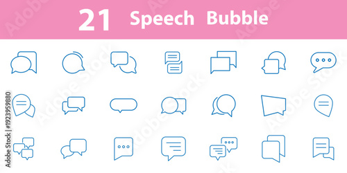 Set of 21 outline icons related to speech bubble. Speak bubble text set, message box , chat bubble line art icon for apps and websites Vector illustration. 
