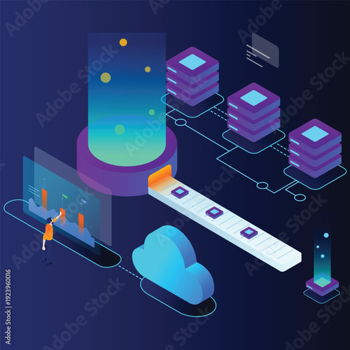 3D infographics of data analytics and cloud computing elements floating in mid air vector illustration