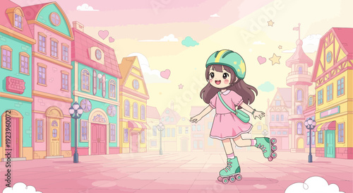 Cute anime girl roller skating with a happy expression.