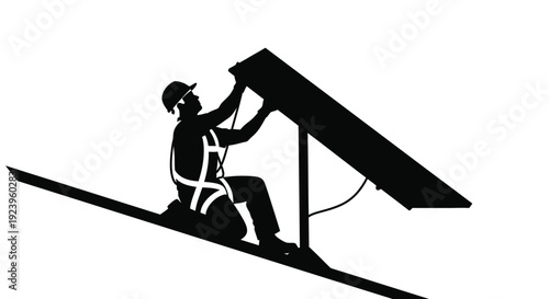 Worker Installing Rooftop Solar Panel Silhouette Illustration