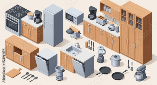 Isometric kitchen appliances and furniture arrangement for modern home interior design.
