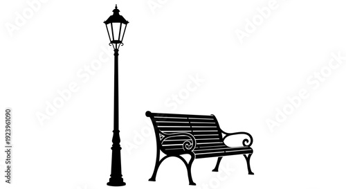 Black Iron Bench and Lamp Post.