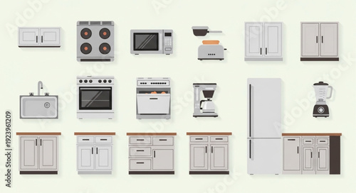 Collection of kitchen appliances and cabinets arranged on a neutral background.