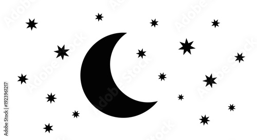Crescent Moon with Stars Night Sky.