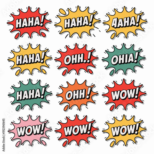 A colorful collection of comic book style speech bubbles with various expressions