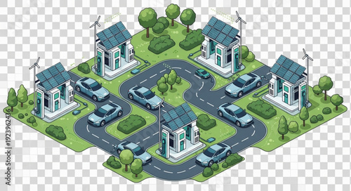 Isometric view of a residential neighborhood with houses roads and cars.