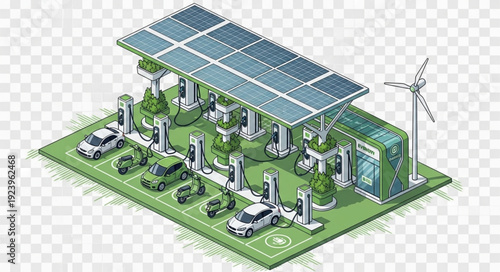 Sustainable energy infrastructure Electric vehicle charging station powered by solar panels and wind turbine.