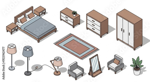 Isometric bedroom furniture set with bed, nightstands, and wardrobe, carpet, lamps, and chairs.