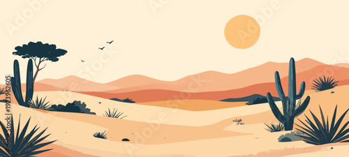 Desert Landscape in Sunset: The desert landscape bathed in the warm glow of the setting sun, featuring majestic cacti, rugged mountains, and the endless expanse of sand.