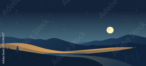 Nightscape Whispers: A serene nightscape painted with soft hues, depicting a solitary journey along a winding road under a luminous moon and twinkling stars. A sense of solitude and calm. 