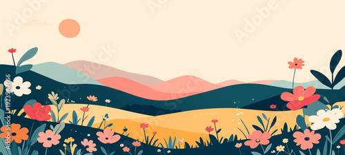Blooming serenity: A vibrant scene, a landscape painting depicting rolling hills and fields adorned with wildflowers, all basked in the warmth of a setting sun. 