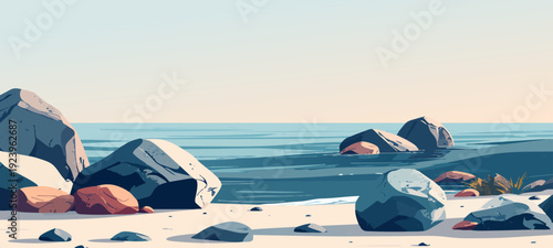 Serene Coastal Landscape: A tranquil illustration showcases a picturesque scene of smooth stones on the beach, gently lapped by the serene waves of the vast ocean.  