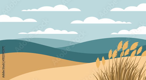 Serene landscape illustration vector, with rolling hills, flowing clouds, and tall grass, evoking peace and nature's beauty