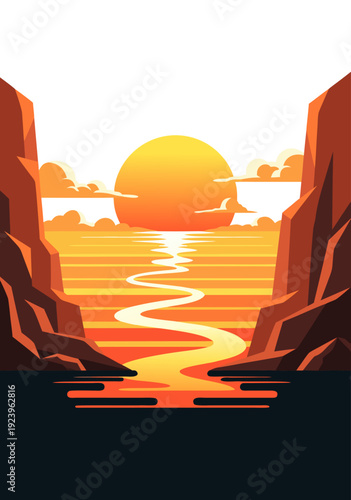 Serene Sunset Over Water A Vector Illustration Capturing Tranquil Coastal Scenery