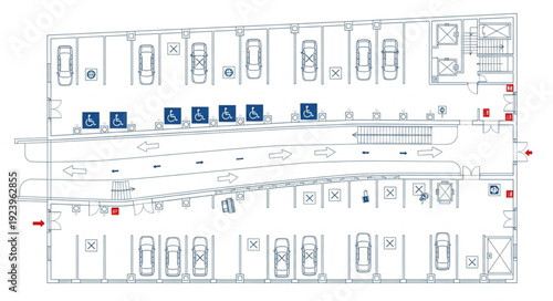 Floor plan showing accessible parking spaces and building layout details.