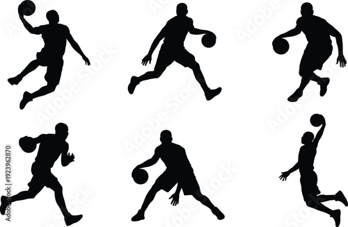 Set of basketball player silhouettes dribbling and jumping isolated on white background, black athlete illustration collection for sport, training and competition design