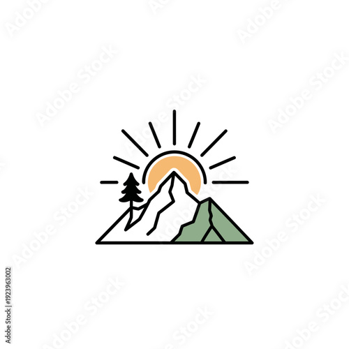 Mountain sunrise with sun rays and pine tree icon