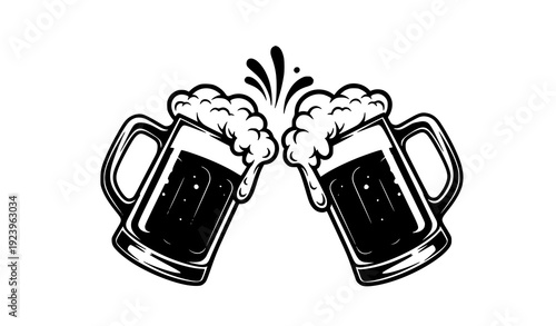 Black and White Beer Mugs Clinking Celebration Silhouette Vector