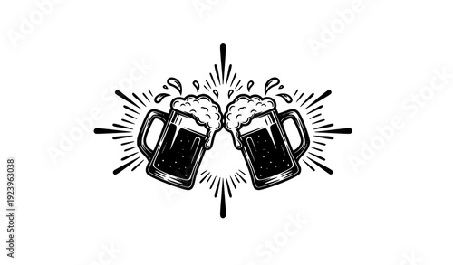 Beer Cheers Vintage Badge Black and White Vector Illustration
