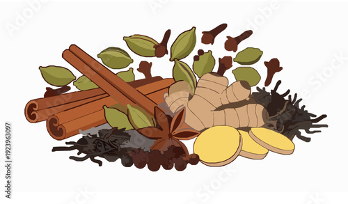 Chai Spices Flat Vector Drawing Indian Tea Ingredients