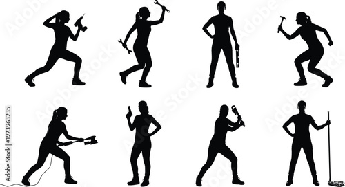 Female, worker, silhouette, set, vector, woman, tool, construction, repair, maintenance, equipment, manual, labor, industrial, professional, drill, hammer, wrench, occupation, trade, black